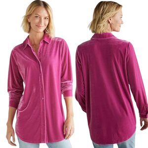 Soft Surroundings Womens Velvet Button Up Top Size M Hot Pink Tunic BOHO Elegant